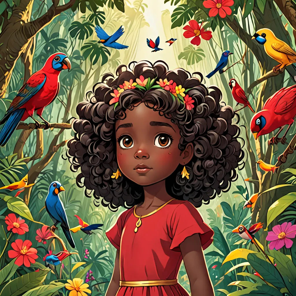 a young girl standing in a jungle with birds and flowers on her head and a bird in her hair, fantasy art, a character portrait, Ella Guru, comic cover art
