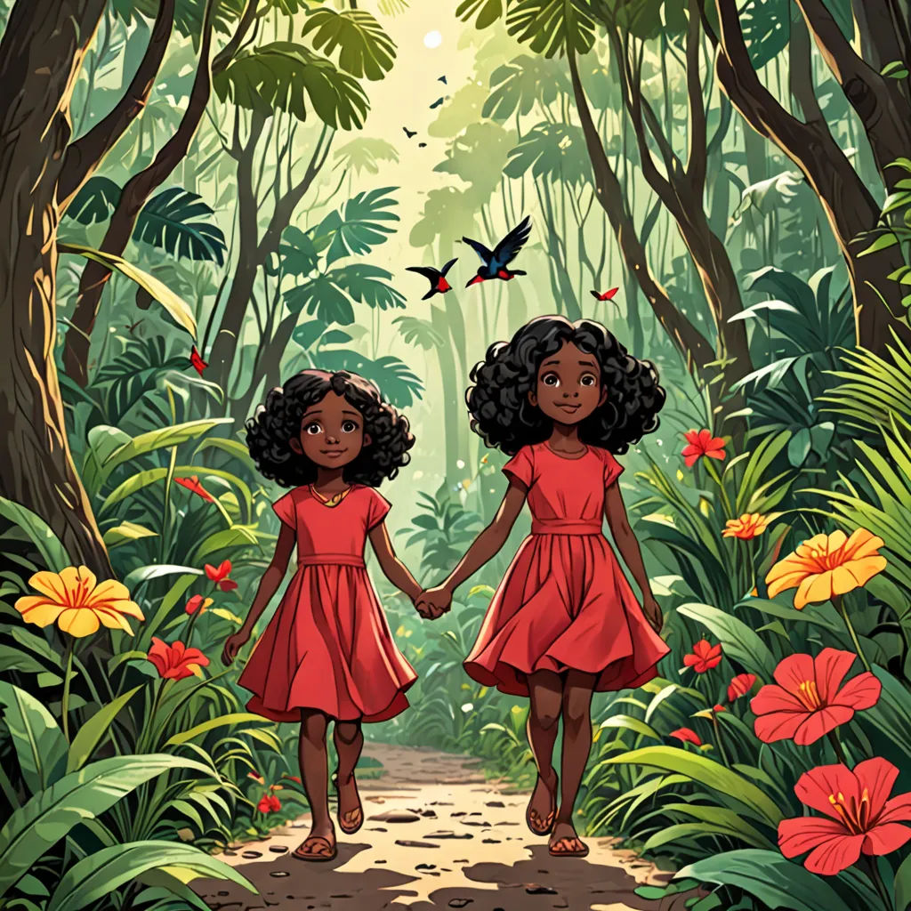two girls in red dresses walking through a jungle with flowers and birds flying overhead and a bird flying overhead, serial art, a storybook illustration, Chinwe Chukwuogo-Roy, comic cover art