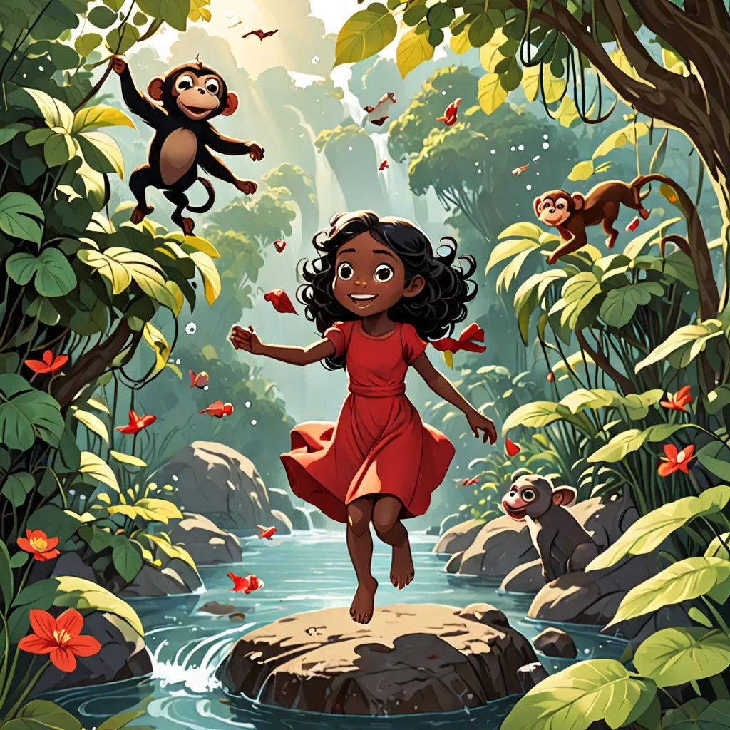 a girl in a red dress is jumping over a rock in a jungle with monkeys and flowers on the background, serial art, a storybook illustration, Ella Guru, promotional image