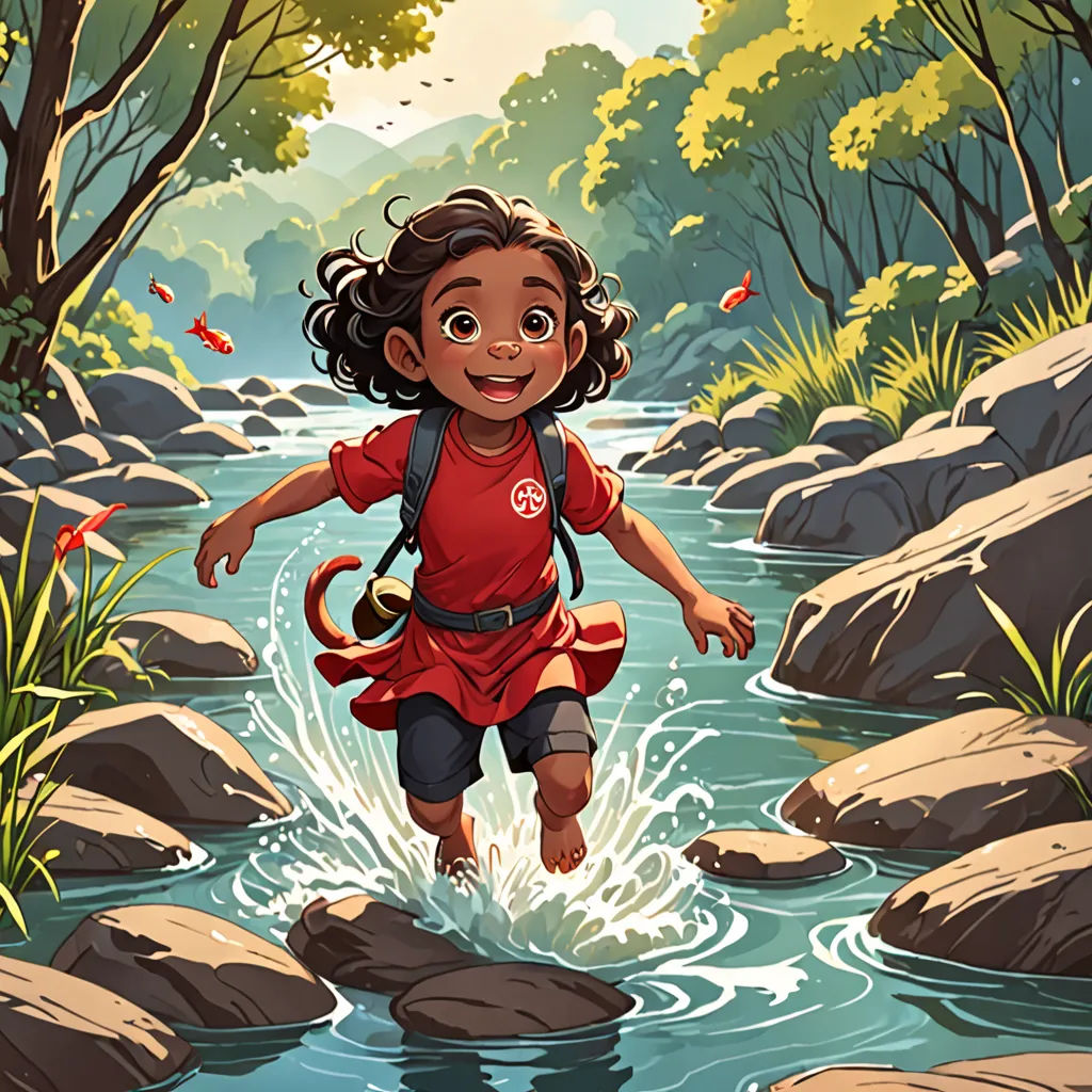 a cartoon girl is running through a stream in the woods with a backpack on her back and a backpack on her shoulder, process art, a storybook illustration, Cliff Childs, book cover