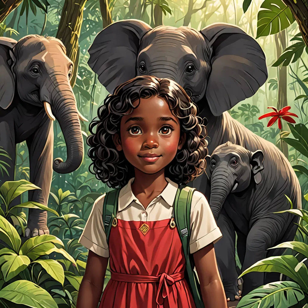 a girl in a red dress standing in front of elephants in the jungle with a red bow on her head, magical realism, a storybook illustration, Ella Guru, promotional image