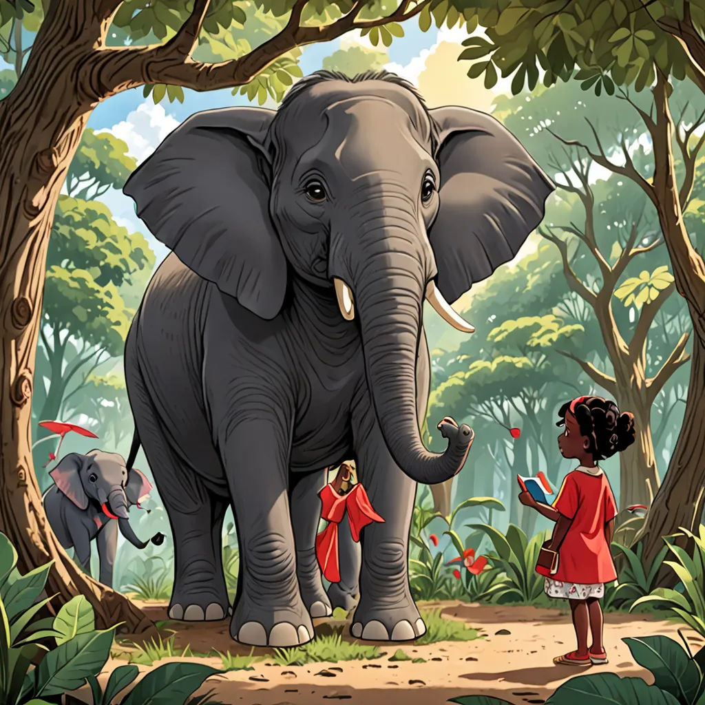 a girl standing in front of an elephant in a forest with other people around her and a baby elephant, magical realism, a storybook illustration, Chris LaBrooy, storybook illustration