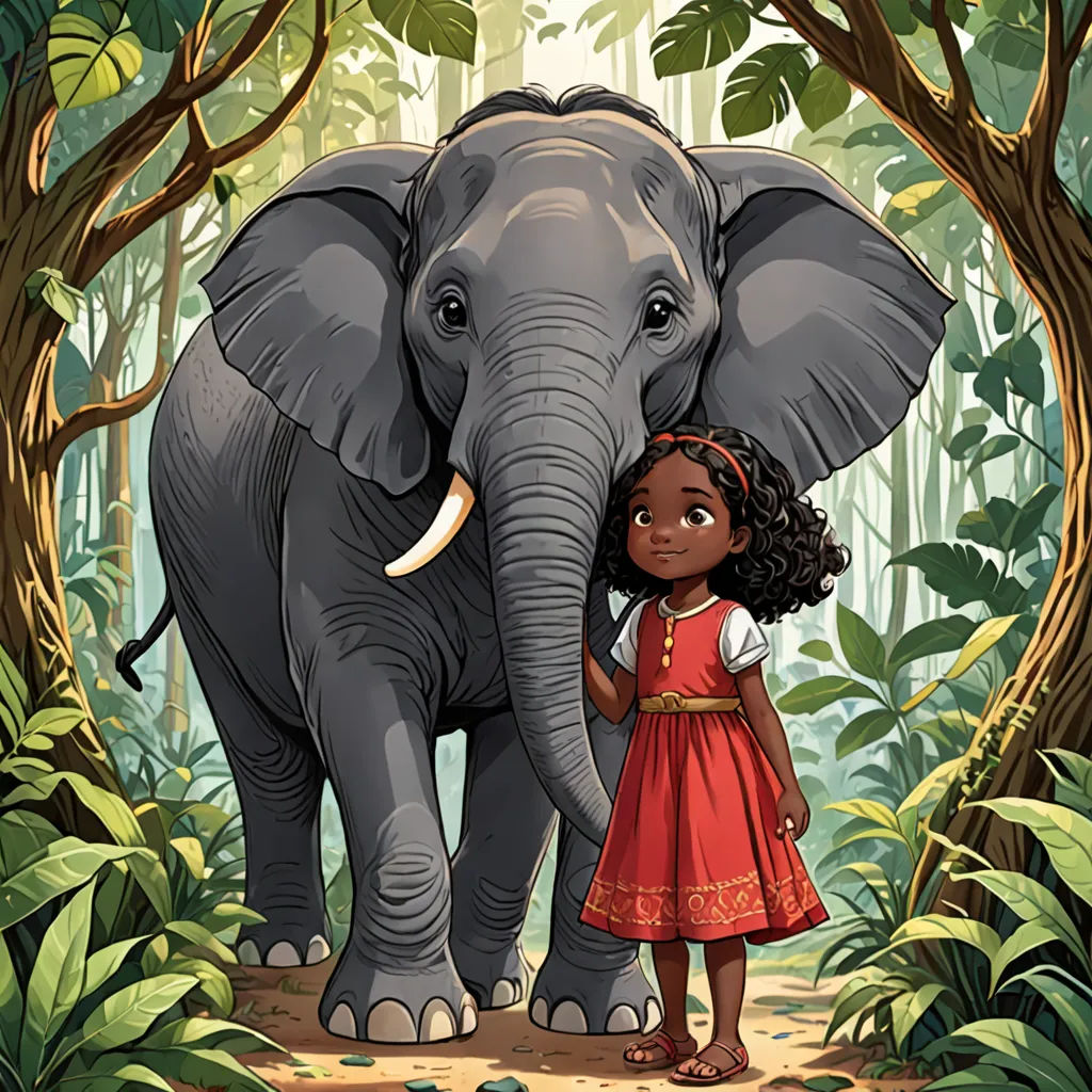 a girl standing next to an elephant in a forest with trees and leaves on the ground and a jungle background, magical realism, a storybook illustration, Ella Guru, official art