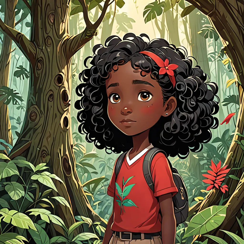 a young girl standing in a forest with a red bow on her head and a backpack on her shoulder, magical realism, a character portrait, Ella Guru, comic cover art
