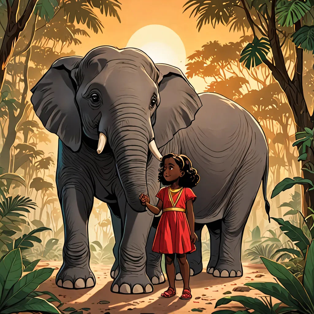 a girl in a red dress standing next to an elephant in a jungle with trees and bushes behind her, magical realism, a storybook illustration, Chinwe Chukwuogo-Roy, comic cover art