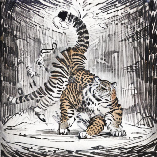 a drawing of a tiger and a tiger cub in a forest with a bird flying overhead and a bird flying above