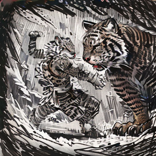 a drawing of a tiger attacking another tiger in a cage with a man on it's back and a dog on his back