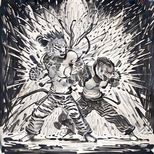 a drawing of two people fighting in front of a firework background with a tiger and a tiger cub