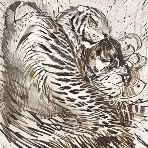 a drawing of a tiger hugging a woman in a water scene with a bird flying overhead and a bird flying above
