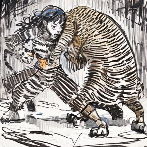 a drawing of a woman and a tiger in the rain with a man on a skateboard behind her