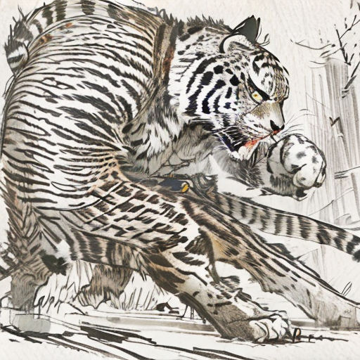 a drawing of a tiger attacking a bird with its claws out and claws out, with a bird on its back