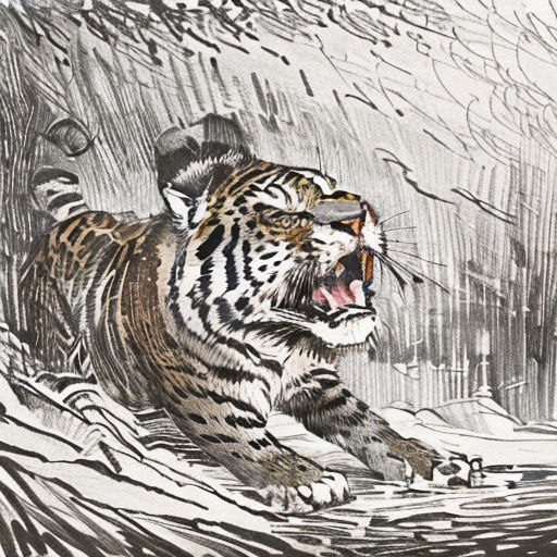 a drawing of a tiger running through a forest with snow on the ground and trees in the background, with a bird flying above