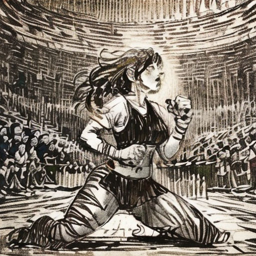 a drawing of a woman kneeling down in front of a crowd of people in a stadium with a guitar