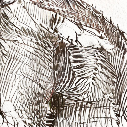 a drawing of a horse with a long mane and a long neck and tail, with a white background