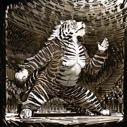 a drawing of a tiger in a cage with a man in the background holding a cigarette in his hand