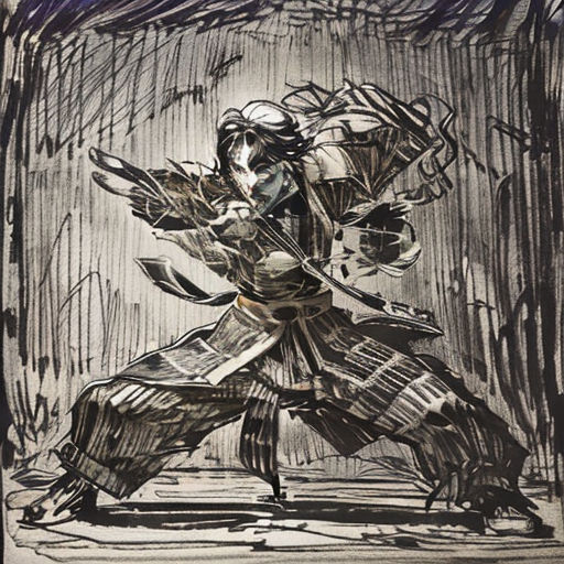 a drawing of a man with a sword in his hand and a bird in his hand, in the middle of a forest
