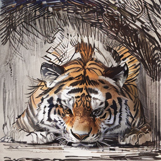 a drawing of a tiger laying down in a cave with a pine tree in the background and a bird flying overhead