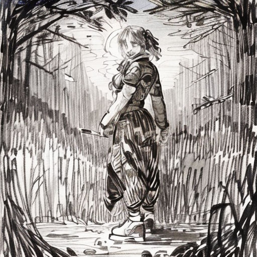 a drawing of a girl walking through a forest with a bird in her hand and a bird in her hand