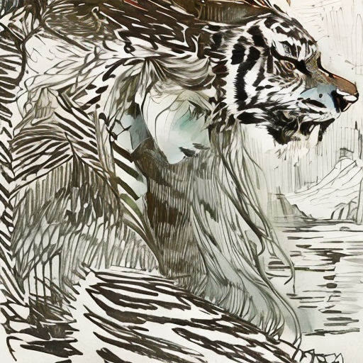 a drawing of a tiger in the water with a bird on its back and a bird on its head
