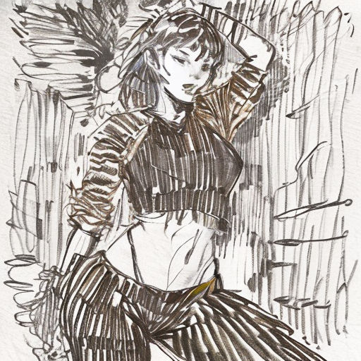 a drawing of a woman sitting on a bench in the rain wearing a hat and dress with a feather on her head