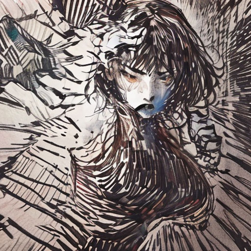 a drawing of a woman with a hat on her head and a bird flying above her head, with a bird flying above her head