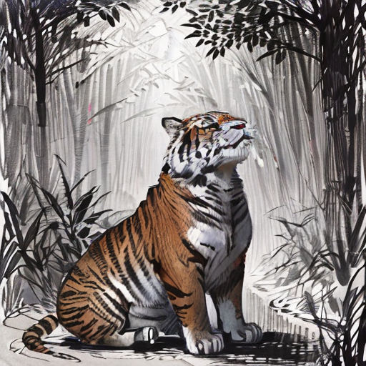 a tiger sitting in the middle of a forest with trees and leaves around it, looking up at the sky