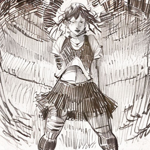 a drawing of a girl in a dress and boots with a sword in her hand and a building in the background
