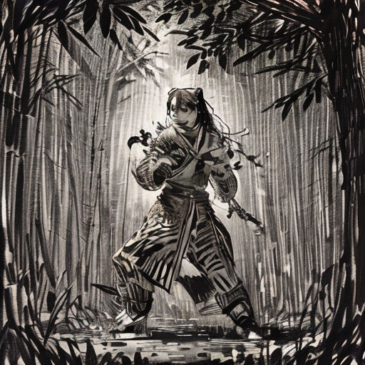 a drawing of a woman in a forest with a sword and a bird on her shoulder, holding a bird