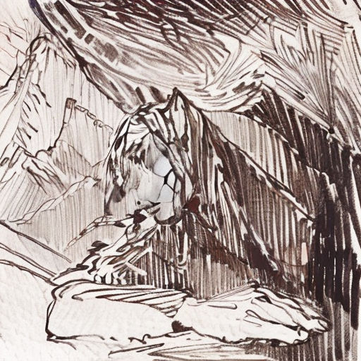 a drawing of a mountain with a sky background and a person sitting on a rock in the foreground