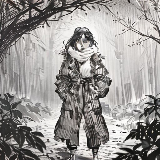 a woman walking through a forest in winter clothes and a scarf on her head, with a bird perched on her shoulder