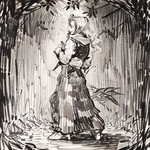 a drawing of a woman walking through a forest with a bird on her shoulder and a bird on her shoulder