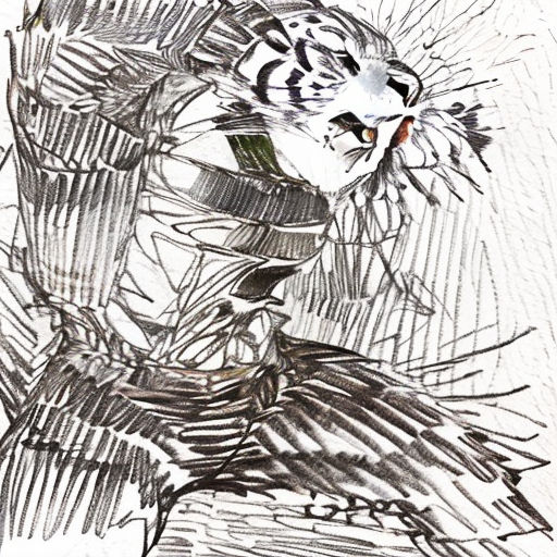 a drawing of a tiger with a hat on its head and a feather on its head, with a feathered tail