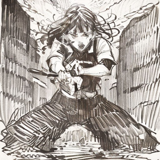 a drawing of a girl with a sword in her hand and a demon behind her back, with a building in the background