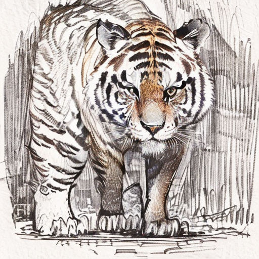 a drawing of a tiger walking in the grass with a fence in the background and a building in the background