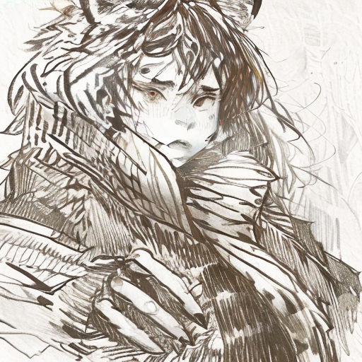 a drawing of a woman with a cat on her head and a scarf around her neck, with a cat on her shoulder