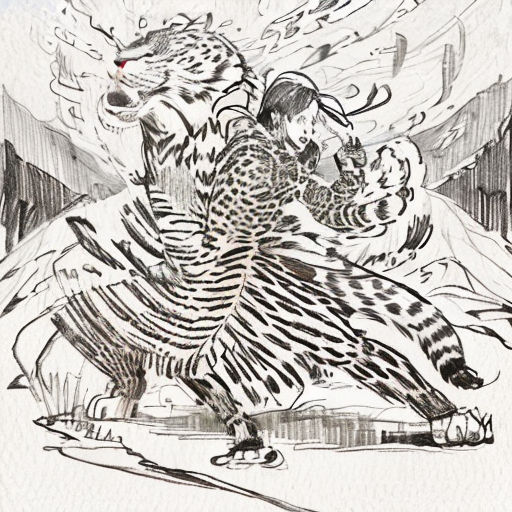 a drawing of a woman and a tiger on a snow covered ground with a sky background and a mountain in the background