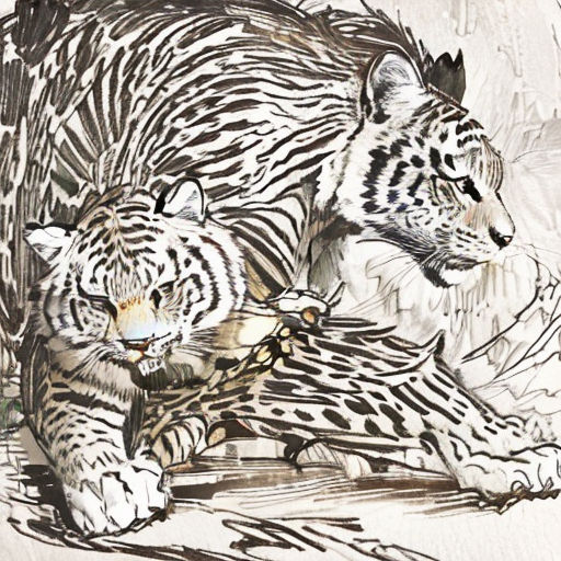 a drawing of two white tiger cubs on a white background with a black and white background and a black and white drawing of two white tigers