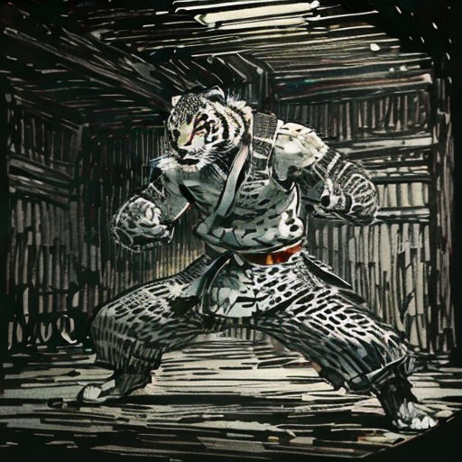 a drawing of a tiger in a karate stance with a black background and white tiger on the right side of the image