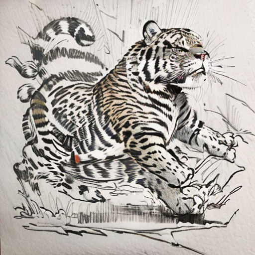 a drawing of a tiger sitting on a branch with another tiger in the background and another tiger standing up behind it