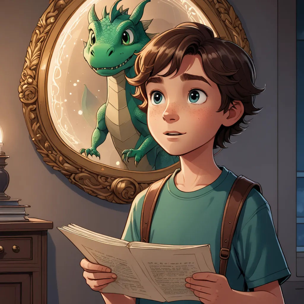 a boy reading a book in front of a mirror with a green dragon on it's face and a candle in front of him, fantasy art, a storybook illustration, Clint Cearley, rossdraws global illumination