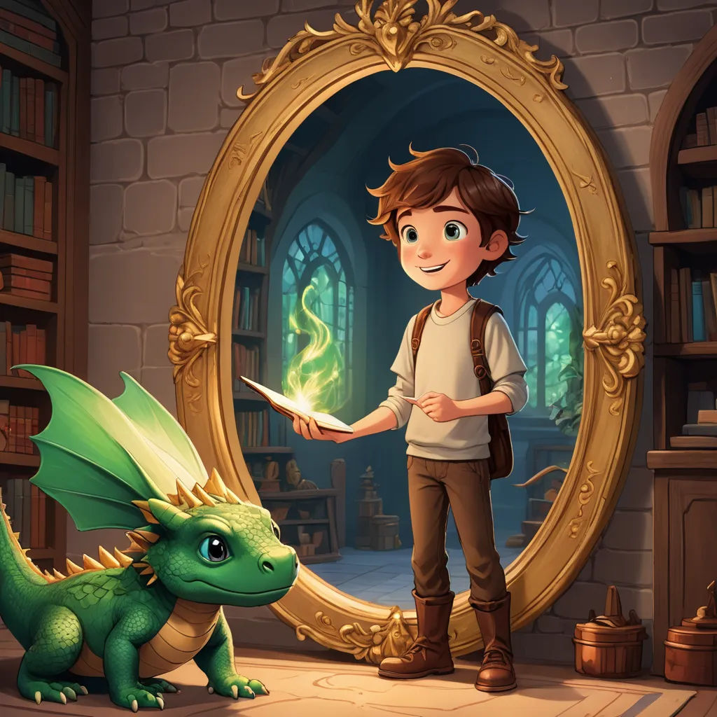 a boy holding a book and a dragon in front of a mirror with a light shining on it's face, fantasy art, a storybook illustration, Diego Gisbert Llorens, storybook illustration