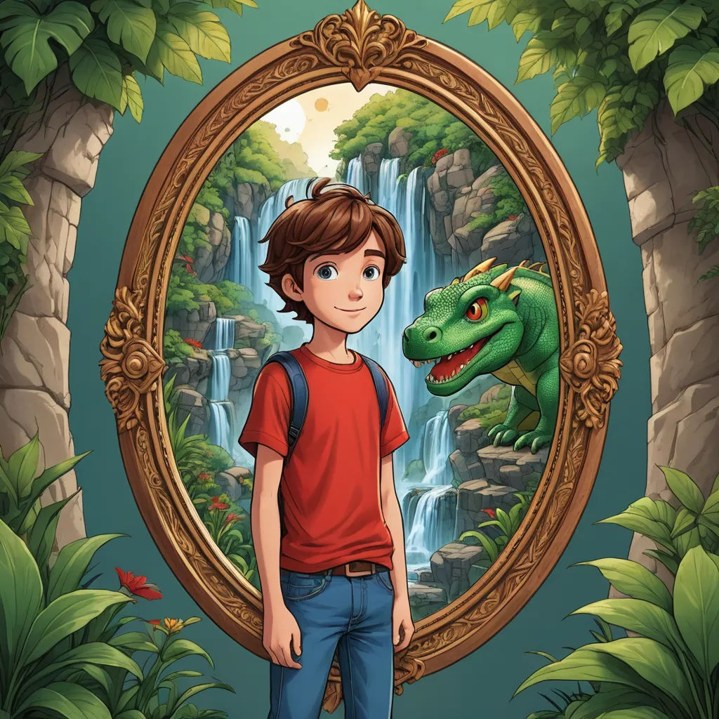 a boy standing in front of a picture frame with a dinosaur in it's mouth and a waterfall in the background, fantasy art, a storybook illustration, Adam Rex, rossdraws global illumination