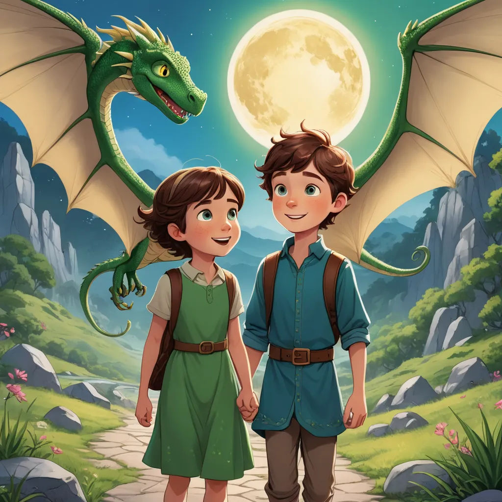 a boy and a girl are standing in front of a dragon and a full moon in the sky, with a green dragon, fantasy art, a storybook illustration, Diego Gisbert Llorens, storybook illustration