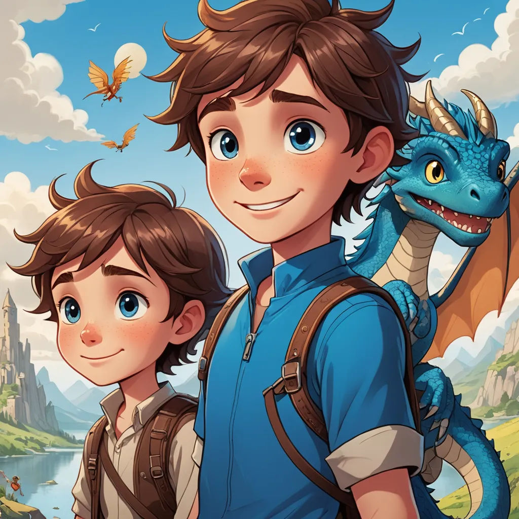 a boy and a boy are standing in front of a dragon and castle with a dragon on it's back, sots art, a storybook illustration, Diego Gisbert Llorens, comic cover art