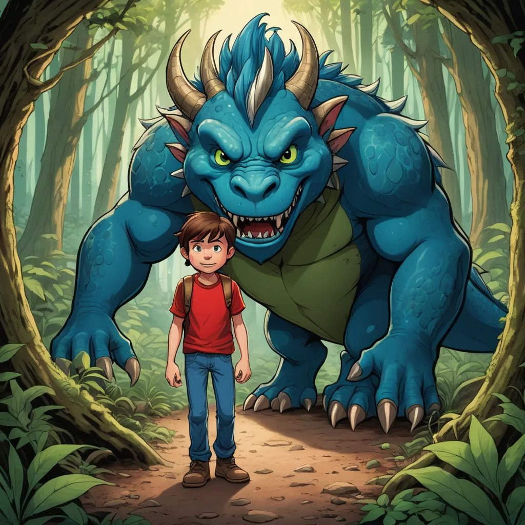a boy standing next to a giant blue monster in a forest with trees and leaves on the ground and a man standing next to it, sots art, a storybook illustration, Diego Gisbert Llorens, storybook illustration