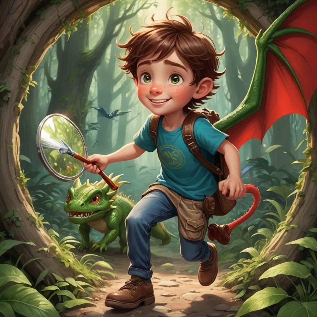 a boy with a dragon and a magnifying glass in a forest with a green dragon and a red dragon, fantasy art, a storybook illustration, Clint Cearley, magic the gathering artwork