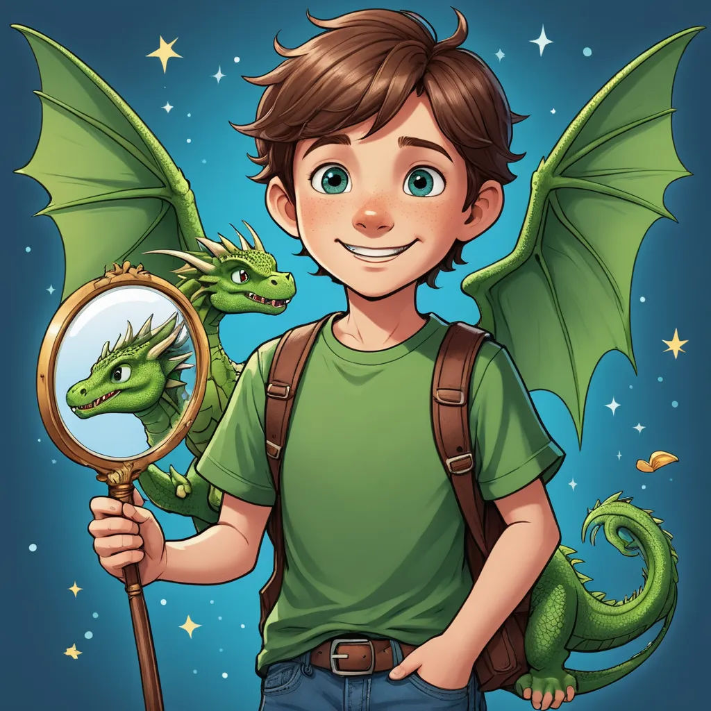 a boy holding a magnifying glass with a green dragon on it's back and a magnifying glass in his hand, fantasy art, a storybook illustration, Diego Gisbert Llorens, comic cover art