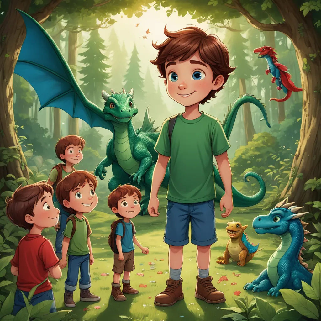 a boy standing in front of a group of kids in a forest with a dragon and a dragon on the background, sots art, a storybook illustration, Diego Gisbert Llorens, storybook illustration