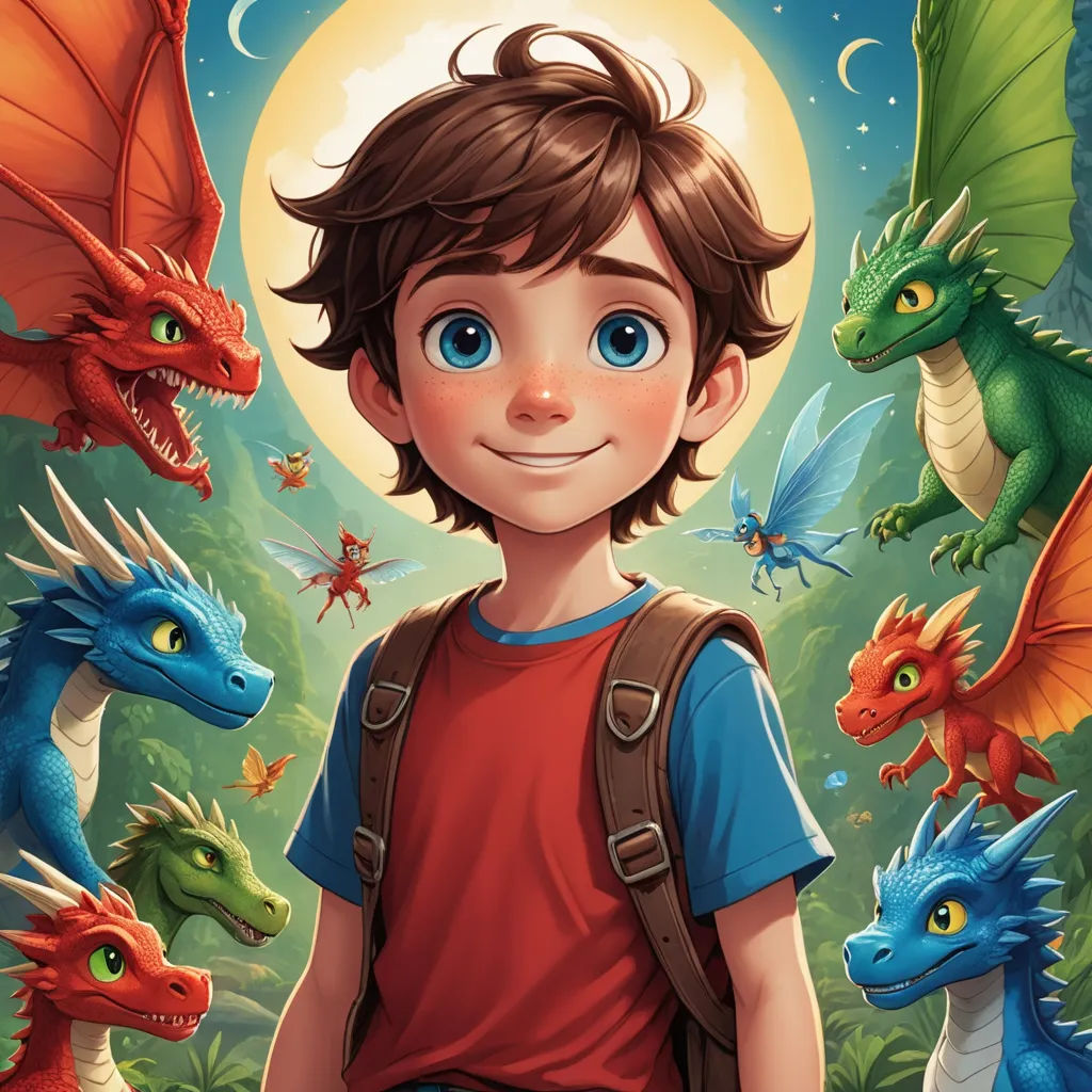 a boy with a backpack standing in front of a group of dragon heads and a full moon in the background, fantasy art, a storybook illustration, Adam Rex, dragon art