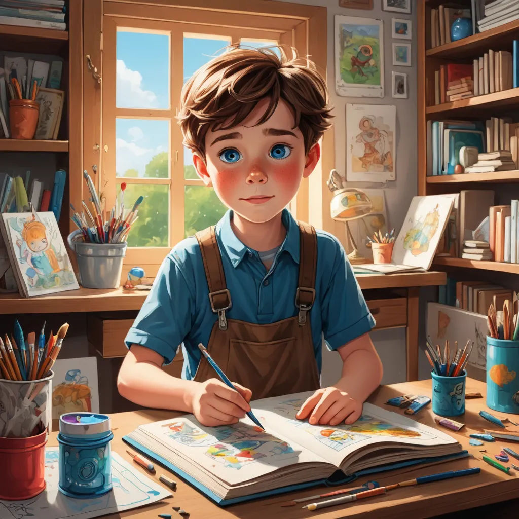 a boy is sitting at a desk with a book and pencils in front of him and a window, fantasy art, a storybook illustration, Alejandro Burdisio, rossdraws global illumination